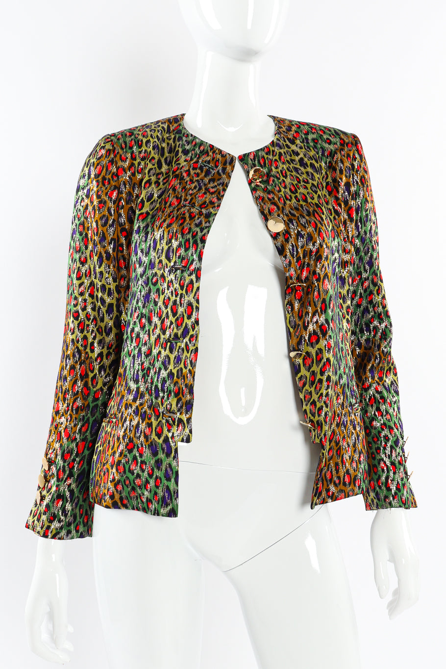 Vintage Bill Blass Leopard Print Silk Jacket front view open on mannequin @Recessla
