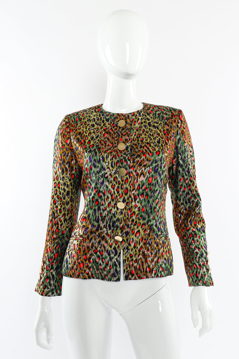 Vintage Bill Blass Leopard Print Silk Jacket front view on mannequin @Recessla