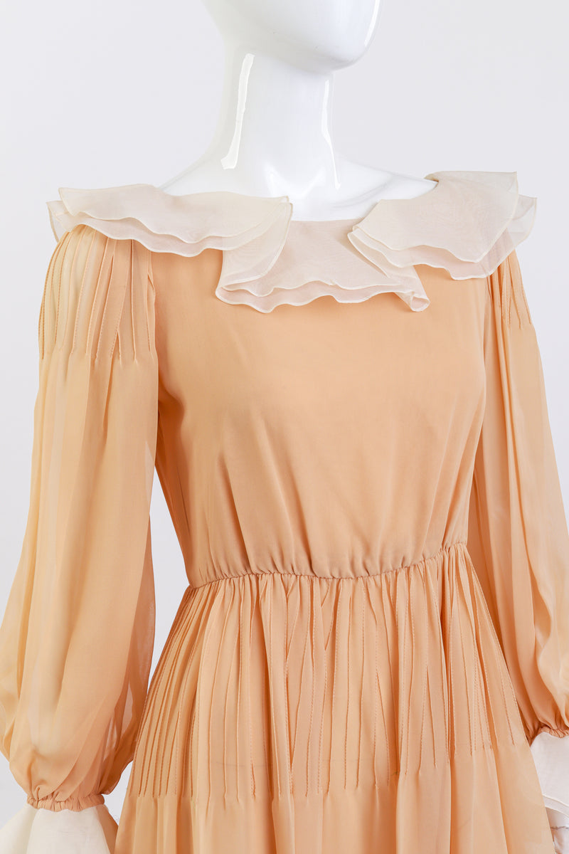 Chiffon Ruffle Peasant Dress by Bill Blass on mannequin chest close @Recess LA