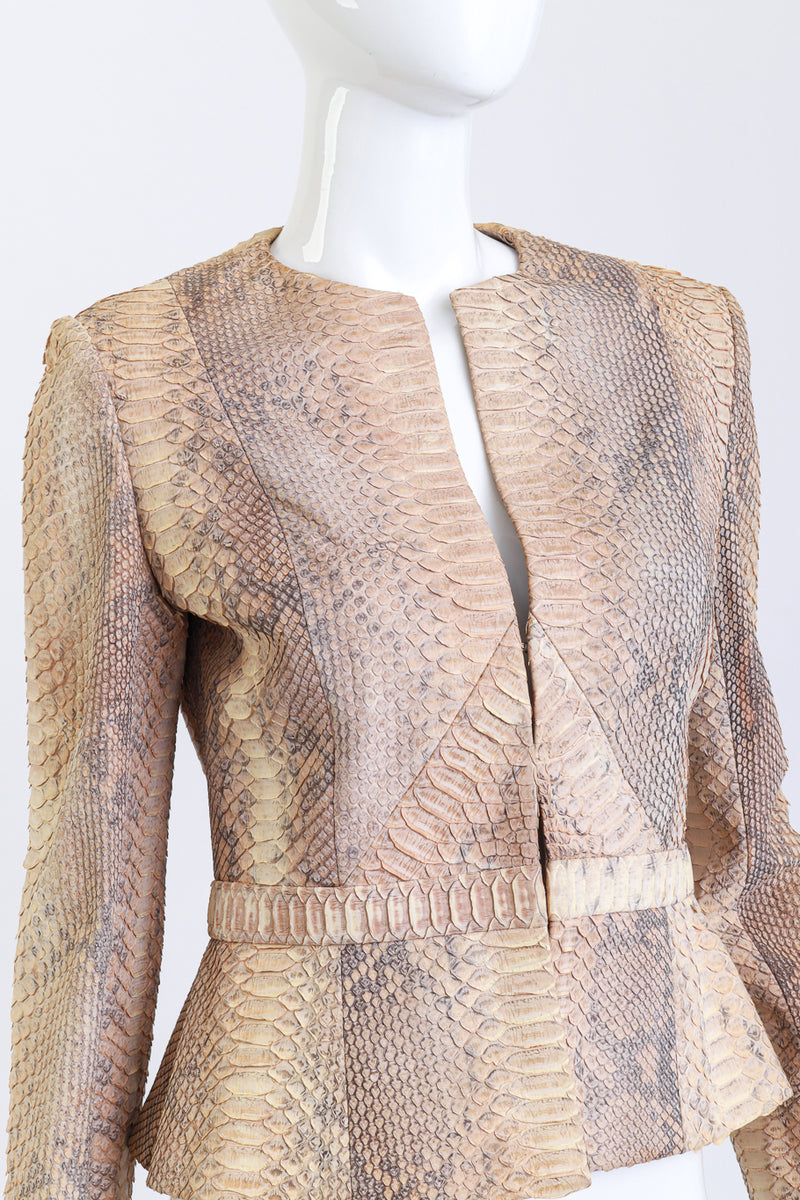 Vintage Bill Blass Collarless Python Jacket front on mannequin closeup @recess la