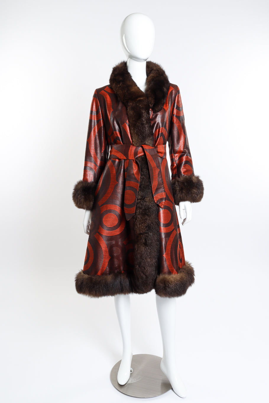 Vintage Bill Blass Circle Fur Trim Coat front on mannequin @recess la