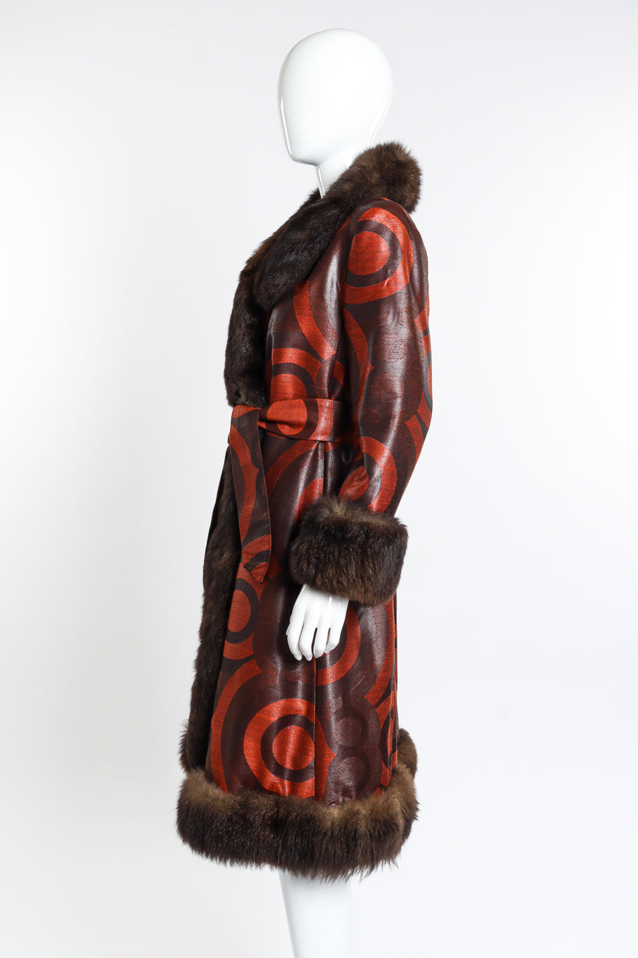 Vintage Bill Blass Circle Fur Trim Coat side on mannequin @recess la