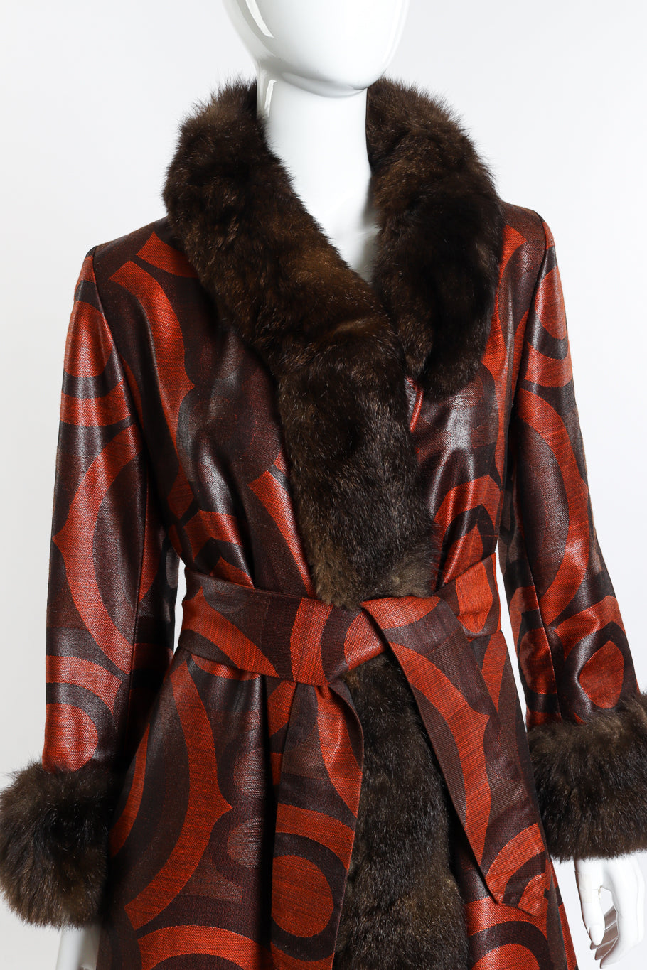 Vintage Bill Blass Circle Fur Trim Coat front on mannequin closeup @recess la