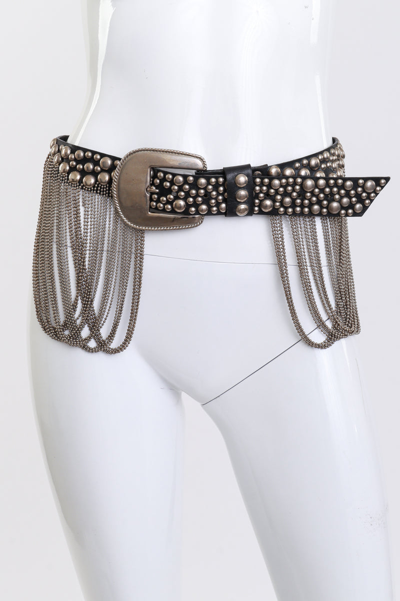 Vintage Michael Morrison Studded Chain Drape Leather Belt on mannequin @recess la