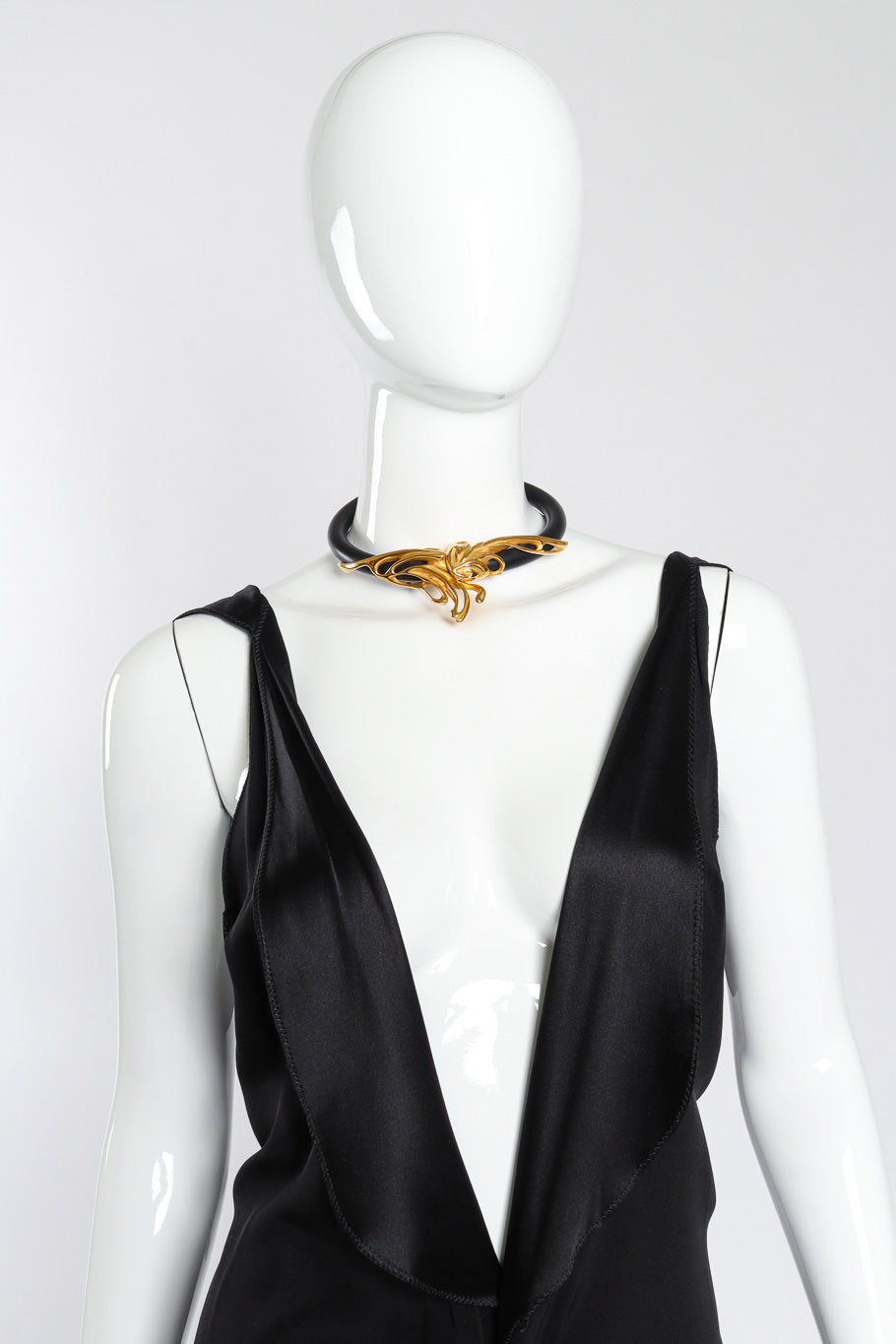 Vintage Sculpted Magnet Collar Necklace on mannequin paired with silk plunge flutter dress @Recessla