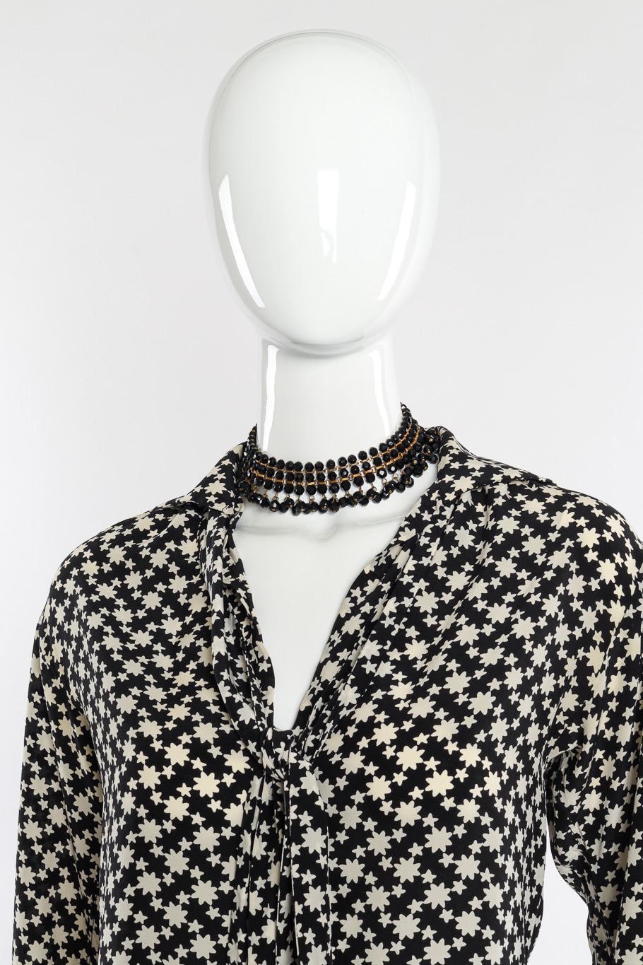 Vintage Beaded Fringe Collar Necklace on mannequin paired with Gucci star print blouse @Recessla