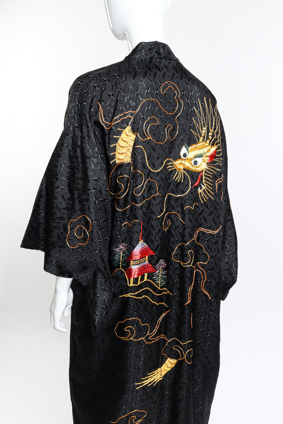 Vintage Embroidered Dragon Kimono back on mannequin closeup @recess la