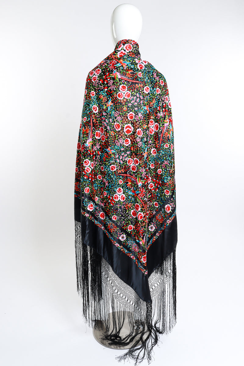 Vintage Embroidered Floral Fringe Piano Shawl draped on mannequin back @recess la