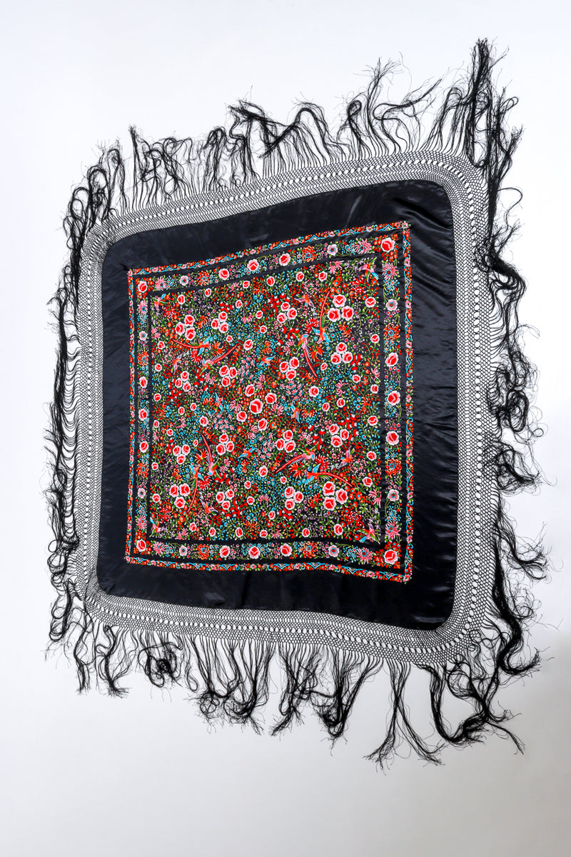 Vintage Embroidered Floral Fringe Piano Shawl front laid flat @recess la