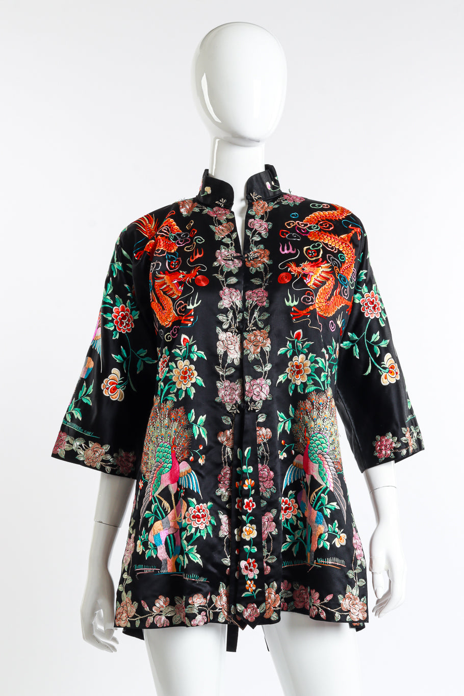 Vintage Floral Chinese Dragon Silk Jacket front on mannequin @recess la