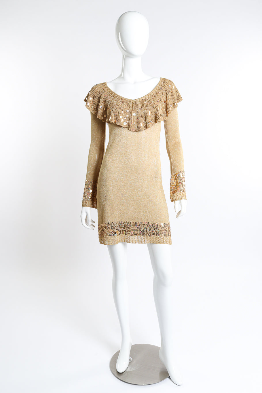 Vintage Blumarine gold sequin ruffle knit dress front view on mannequin @Recess LA