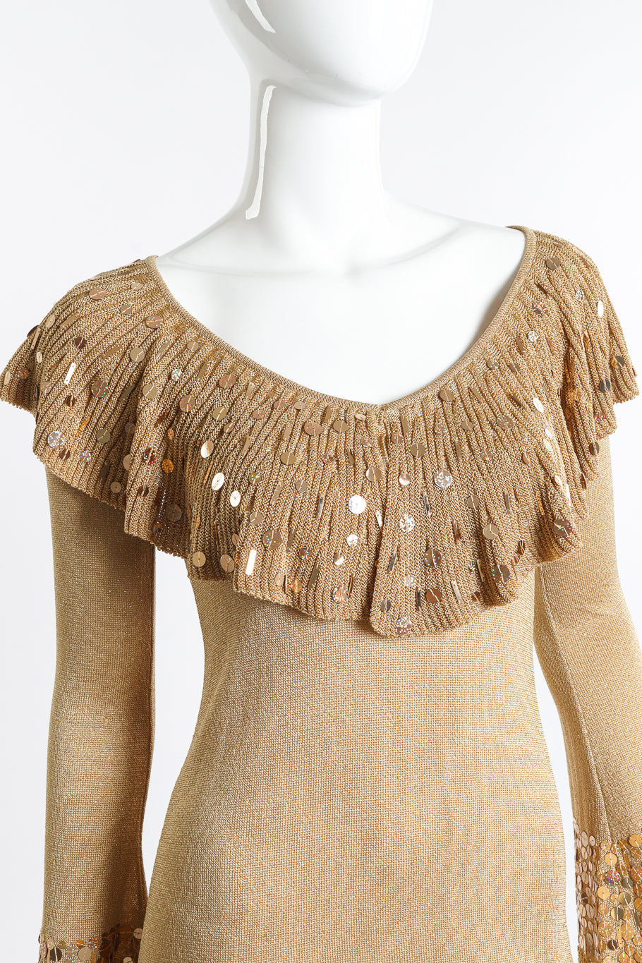 Vintage Blumarine gold sequin ruffle knit dress close up front view of the sequin bib on mannequin @Recess LA