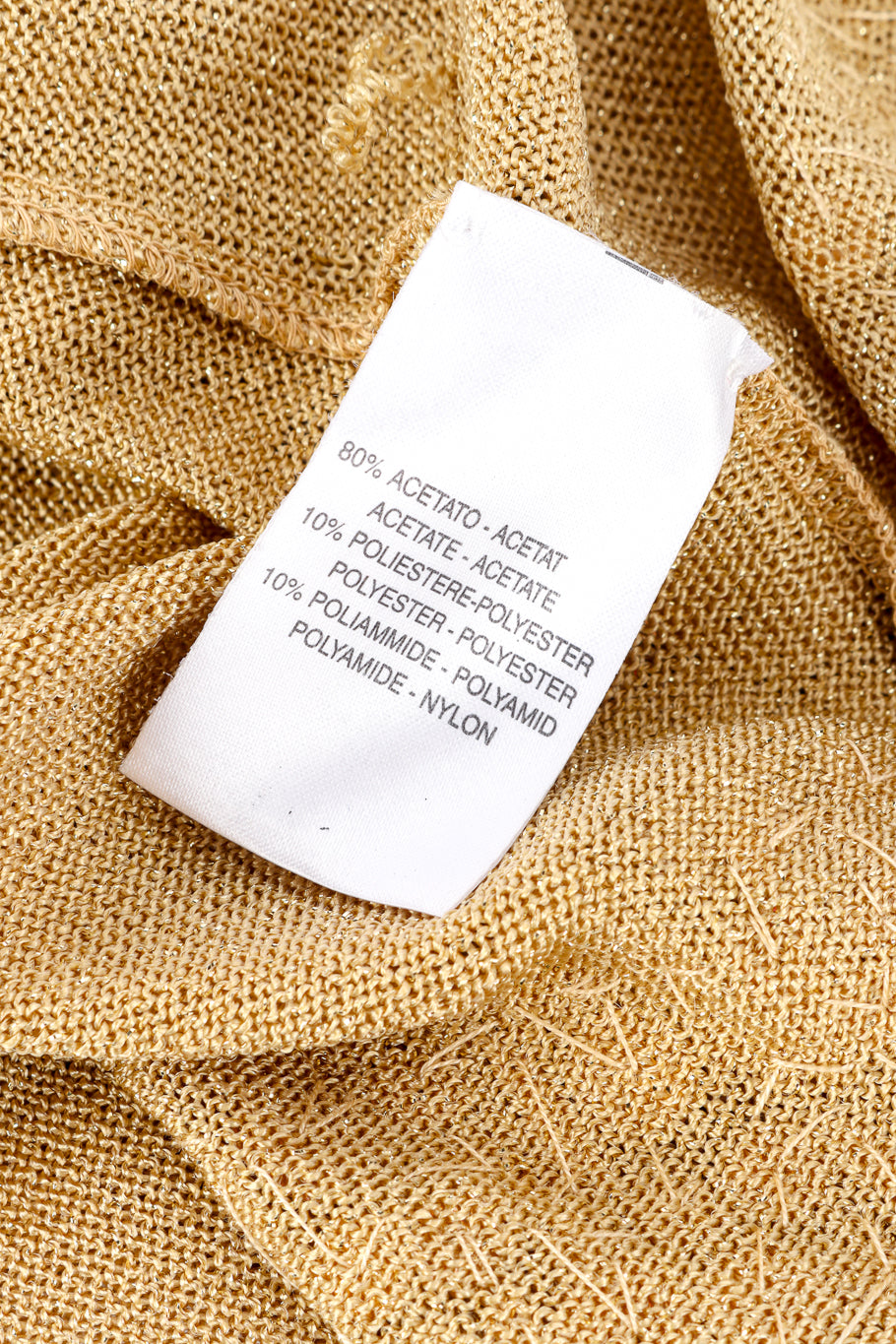 Vintage Blumarine gold sequin ruffle knit dress inside view of label of garment fabric @Recess LA