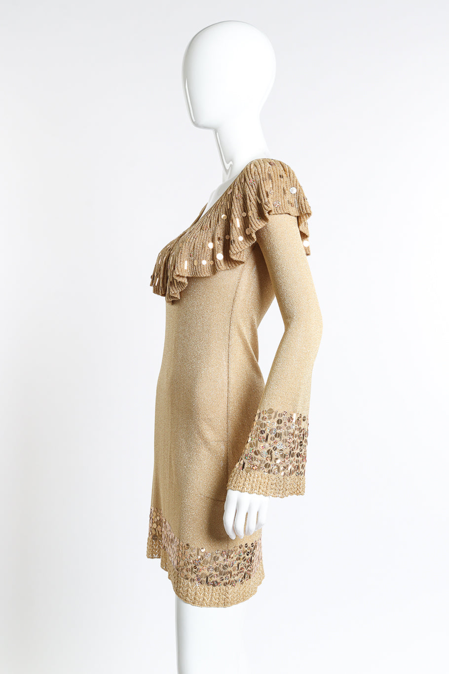 Vintage Blumarine gold sequin ruffle knit dress  left side sleeve view on mannequin @Recess LA