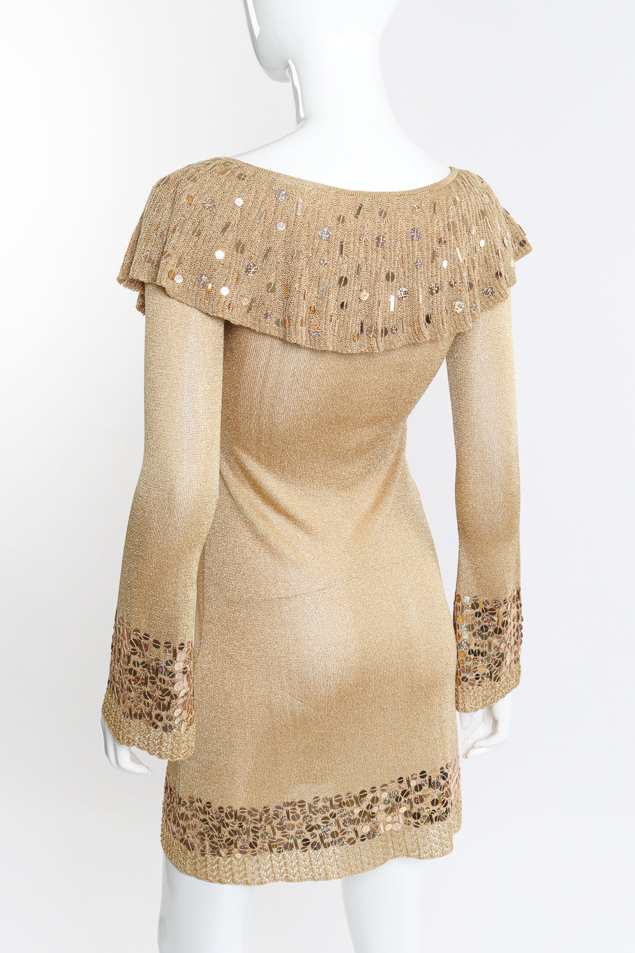 Vintage Blumarine gold sequin ruffle knit dress  back view on mannequin @Recess LA