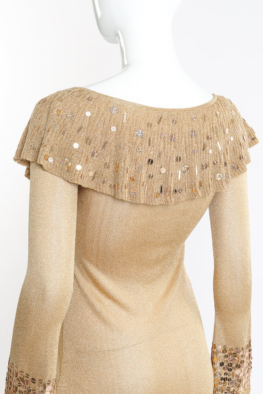 Vintage Blumarine gold sequin ruffle knit dress close up view of the back sequin bib on mannequin @Recess LA