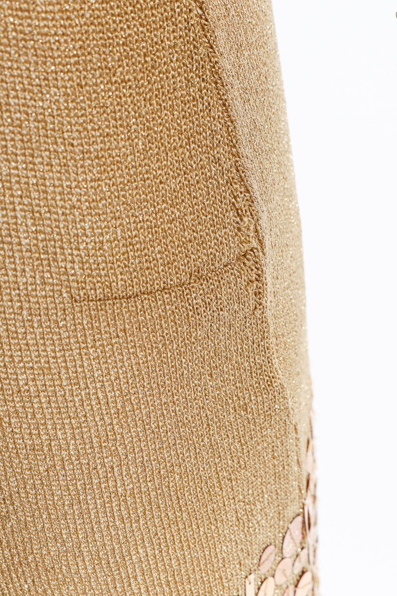 Metallic Knit Sequin Ruffle Gold Dress  detail view of the pull in the knit on mannequin  @Recess LA