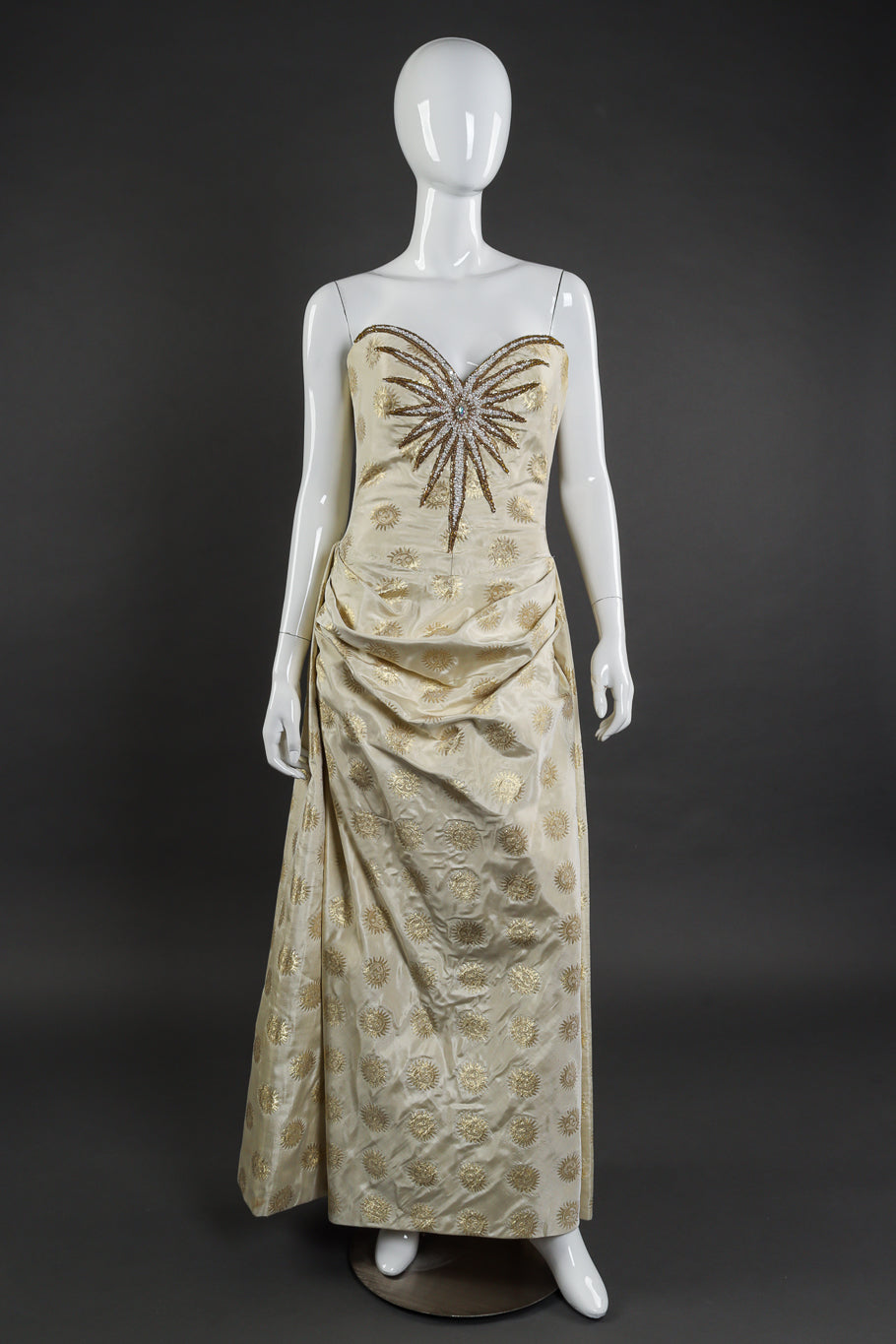 Vintage Bob Mackie Sunburst Strapless Gown front on mannequin @recessla