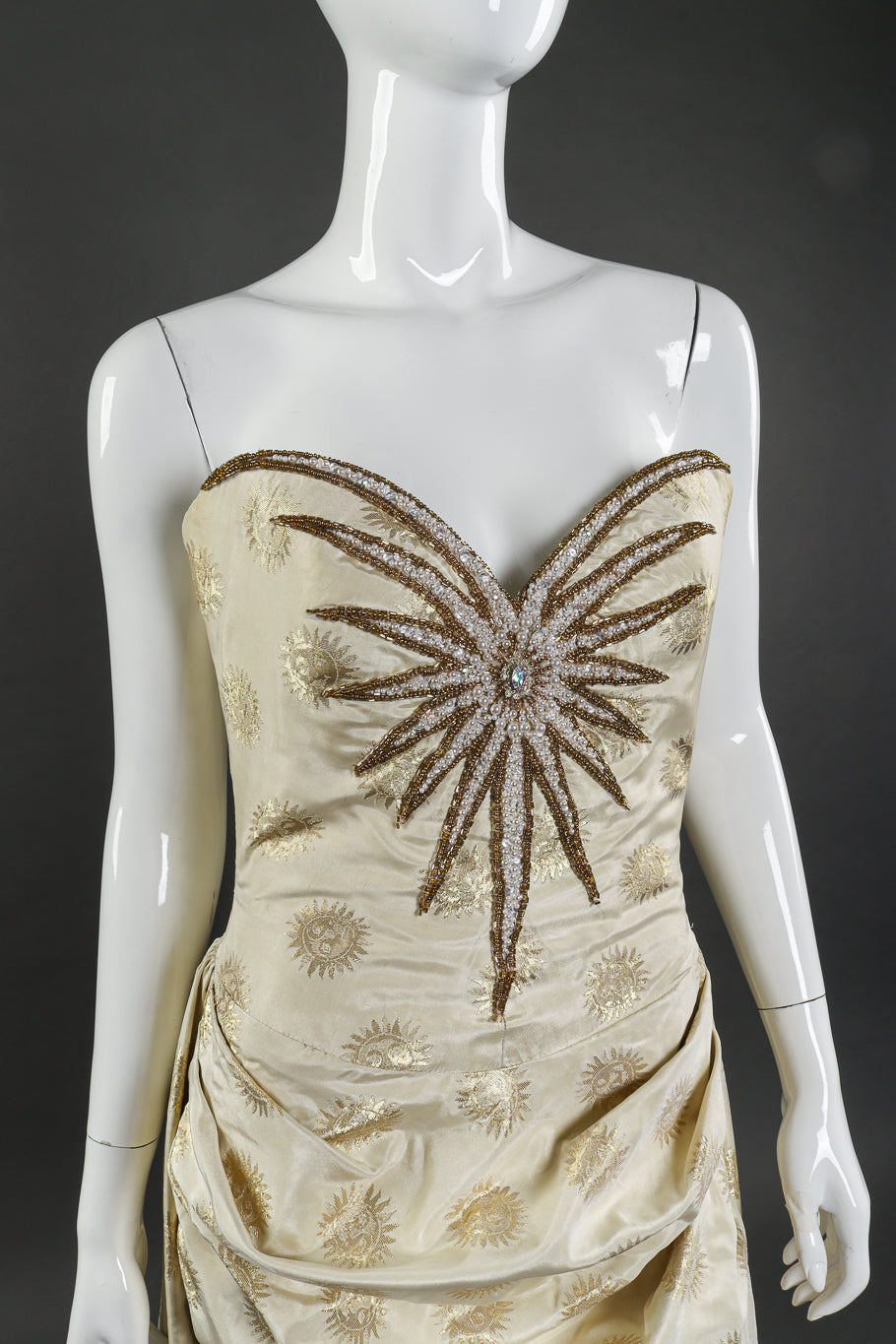 Vintage Bob Mackie Sunburst Strapless Gown front on mannequin closeup @recessla