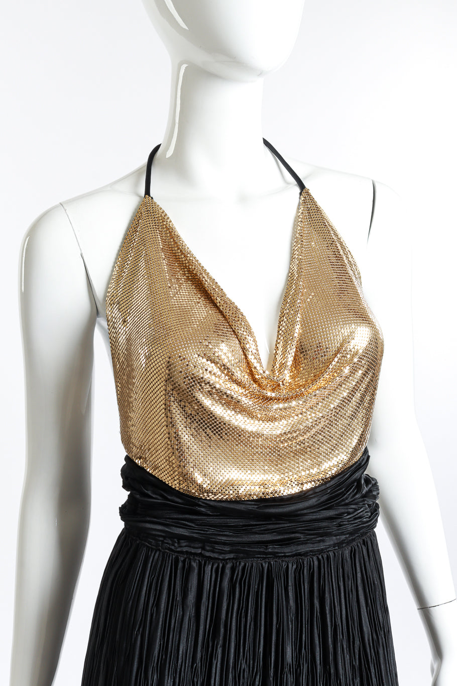 Vintage Caché Pleated Metal Mesh Halter Dress front on mannequin closeup @recess la