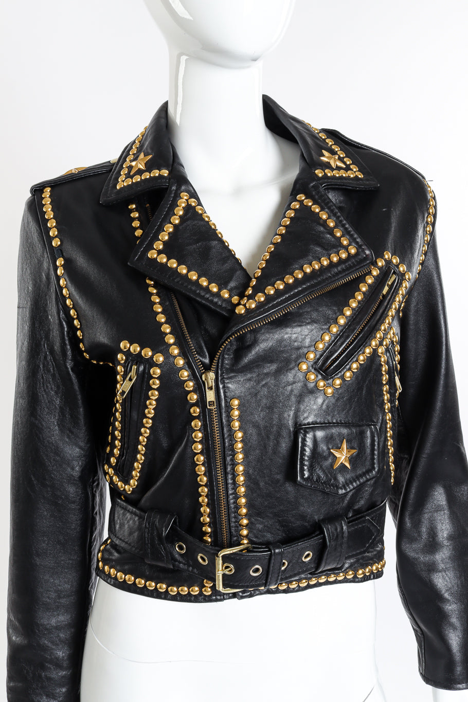 Vintage Caché Eagle Stud Moto Jacket II front on mannequin closeup @recessla