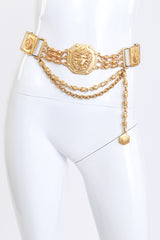 Vintage Caché Medusa Medallion Leather Chain Belt on mannequin @recess la