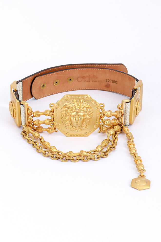 Vintage Caché Medusa Medallion Leather Chain Belt front @recess la
