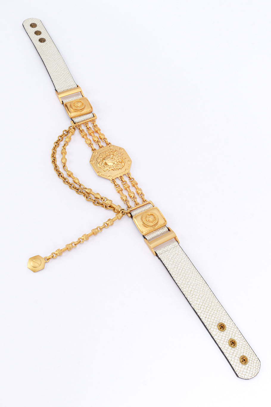 Vintage Caché Medusa Medallion Leather Chain Belt front extended @recess la