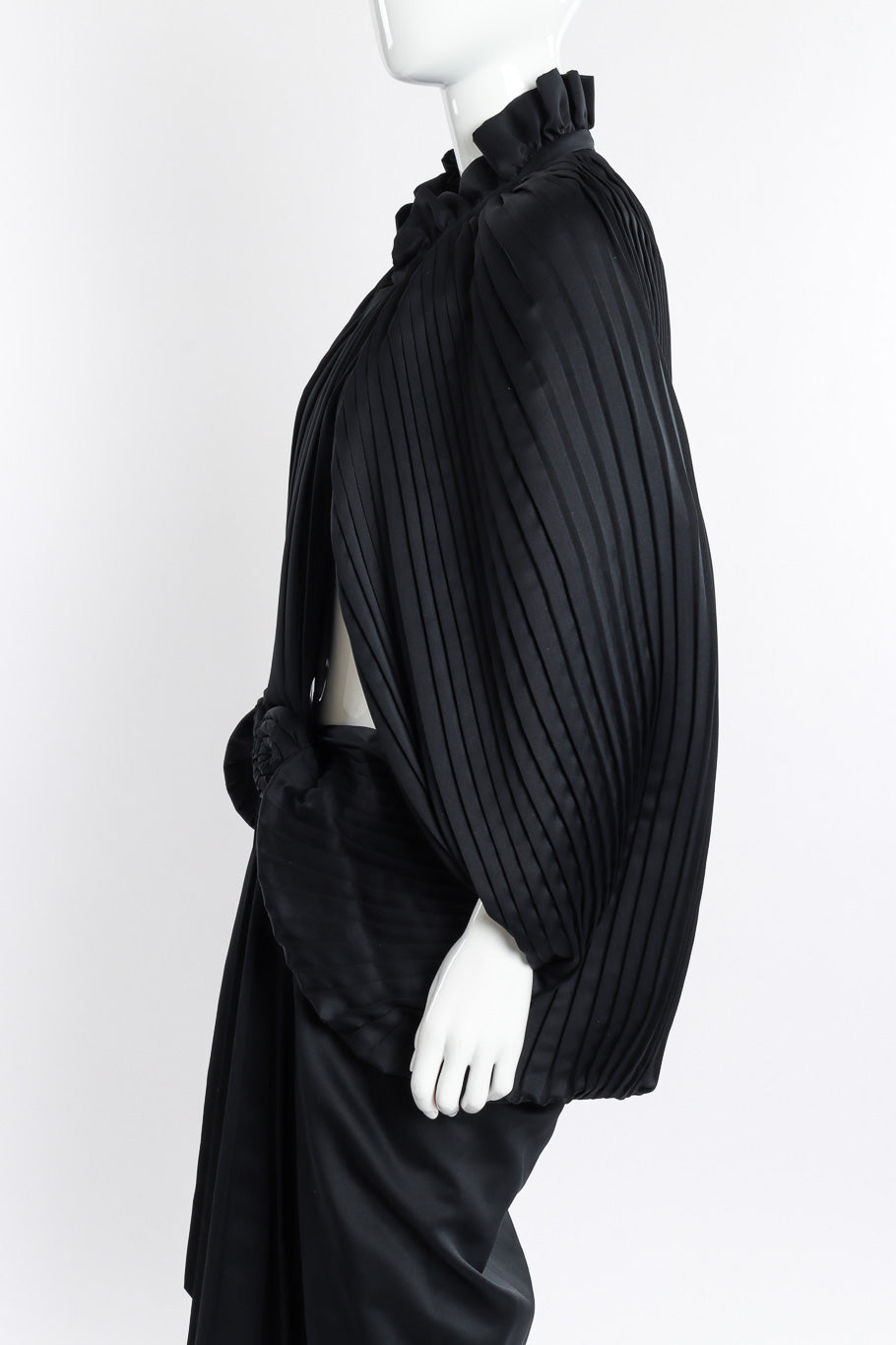 Pleated Cocoon Coat by Calderon on mannequin close side @recessla