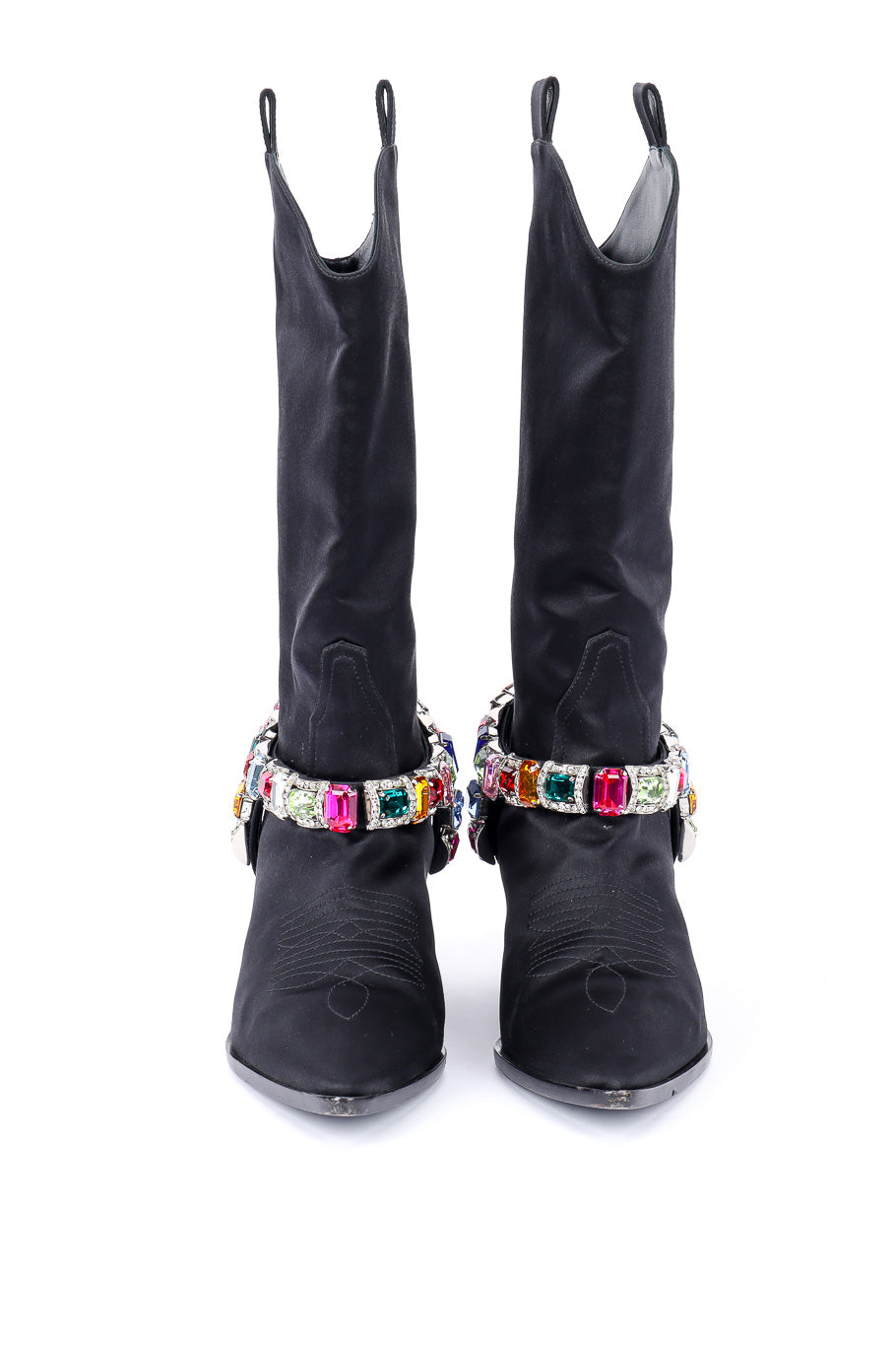 2018 F/W Bejeweled Satin Boots front view on white background @Recessla
