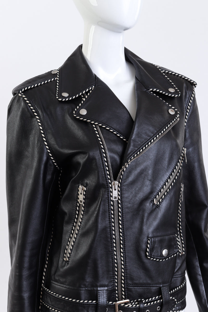 Celine 2019 F/W Piped Leather Biker Jacket front on mannequin closeup @recess la