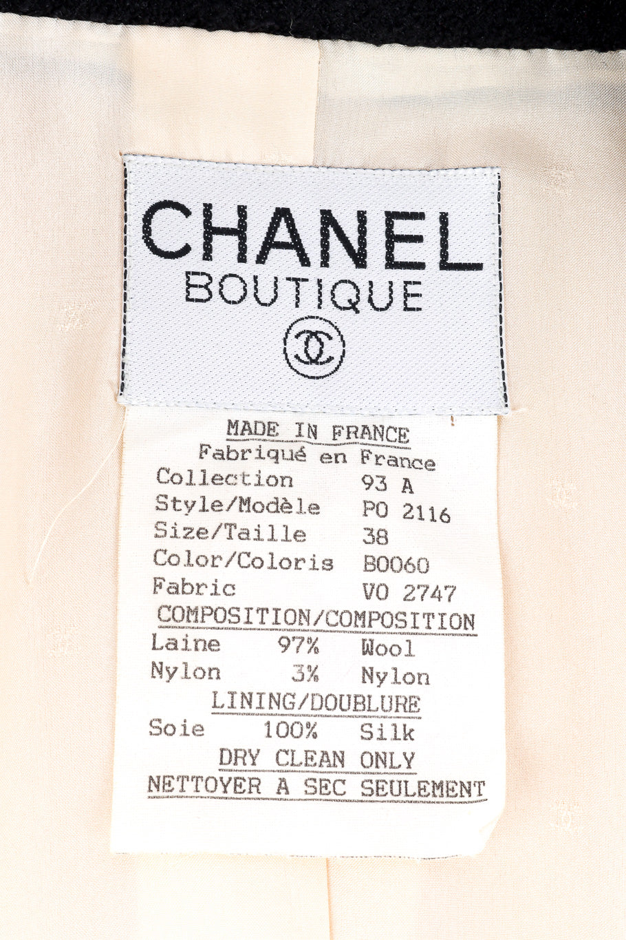 Vintage Chanel 1993 F/W Tweed Bouclé Jacket label closeup @Recessla