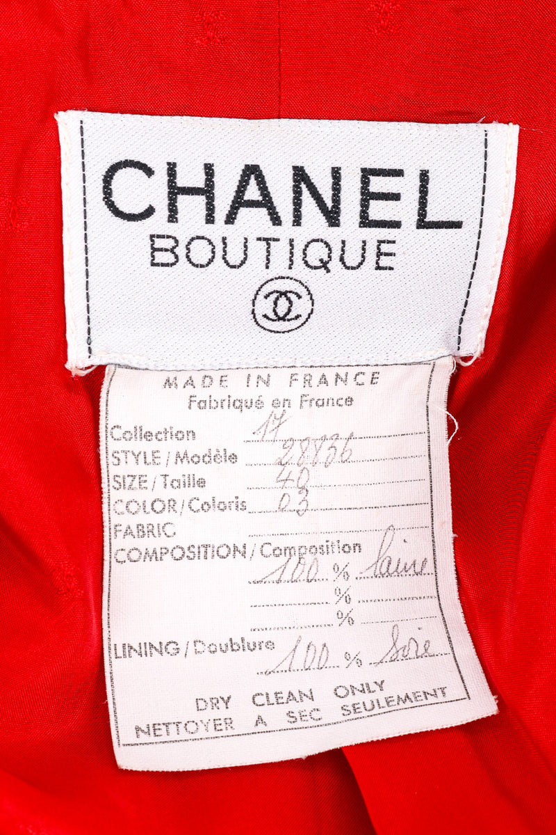 Vintage Chanel Collarless Double Breasted Jacket signature label closeup @recessla