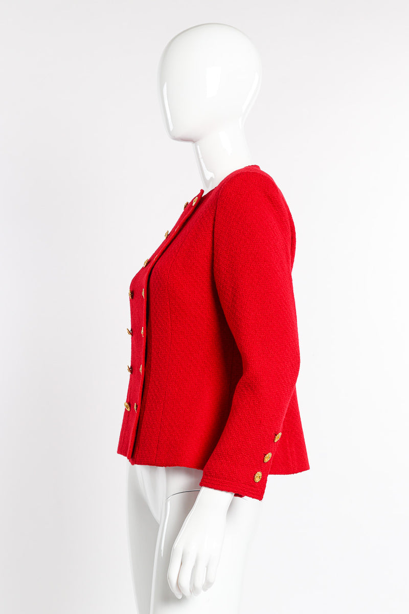 Vintage Chanel Collarless Double Breasted Jacket side view on mannequin @recessla