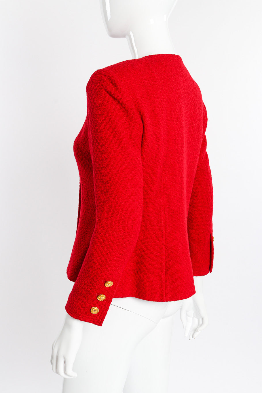 Vintage Chanel Collarless Double Breasted Jacket back view on mannequin closeup @recessla