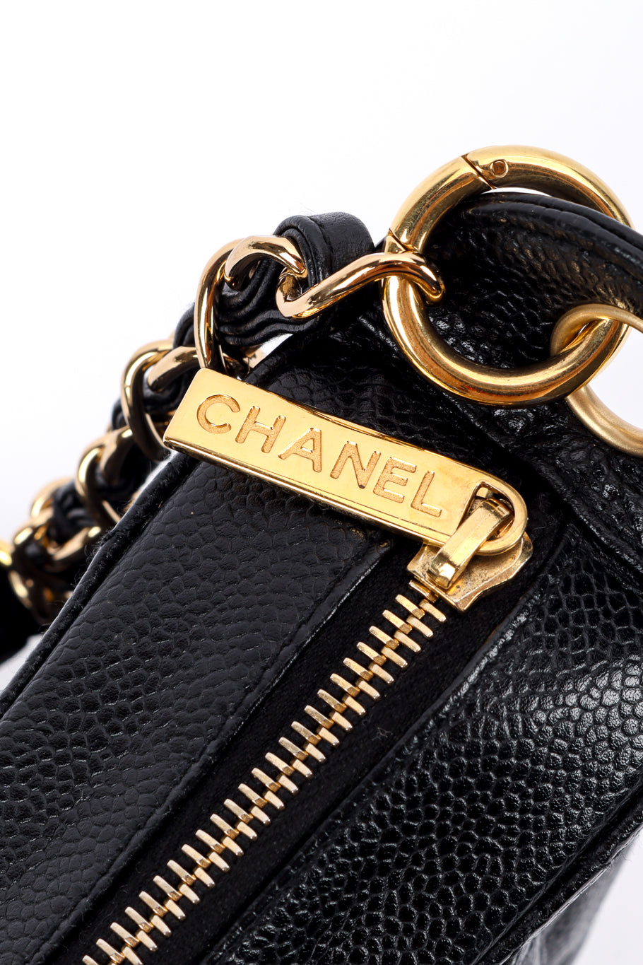 Chanel Quilted CC Shoulder Bag signature zipper pull tab closeup @recess la