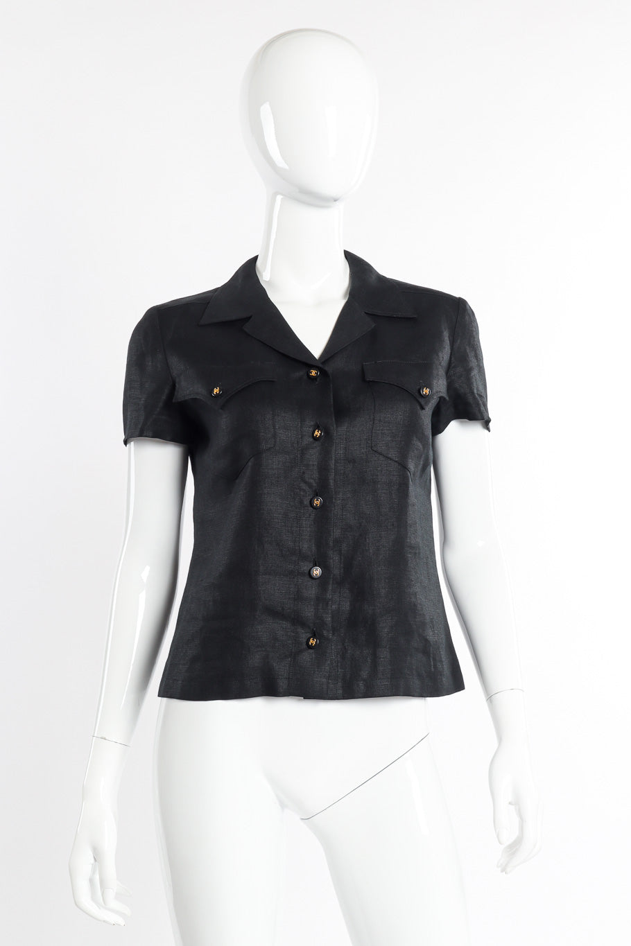 Vintage Chanel CC Button Linen Shirt front view on mannequin @recessla