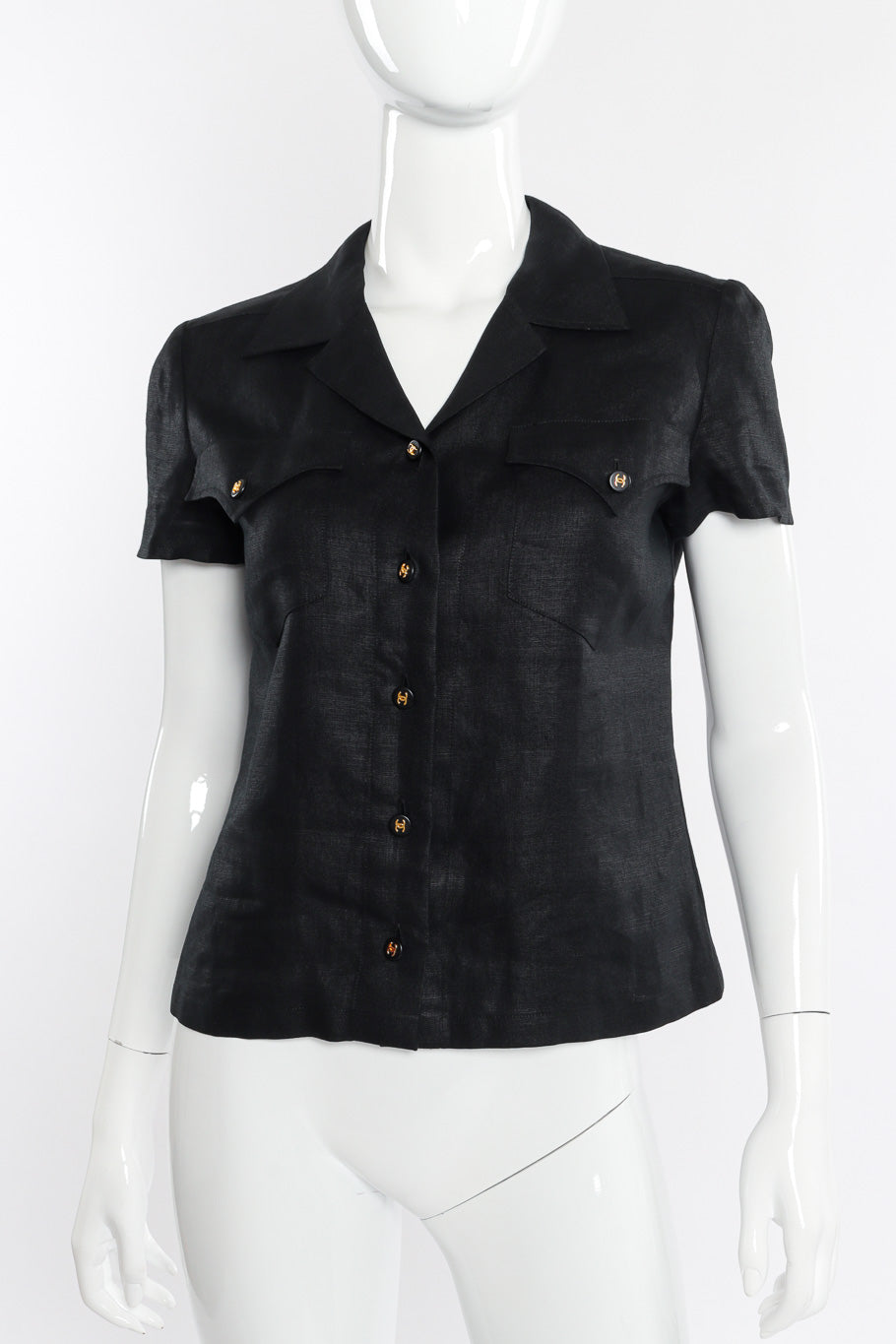 Vintage Chanel CC Button Linen Shirt front view on mannequin closeup @recessla