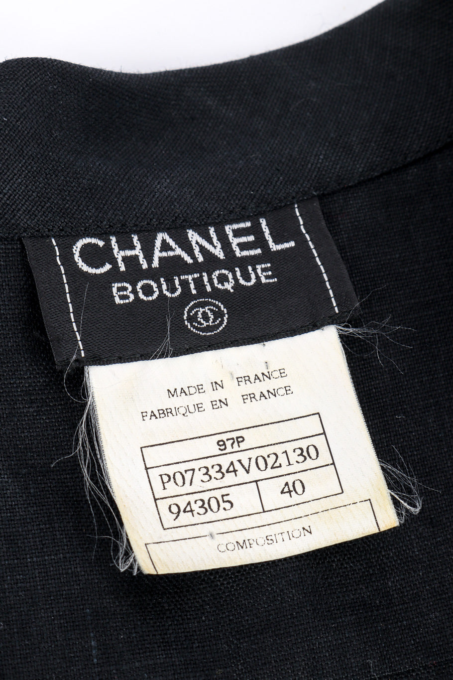 Vintage Chanel CC Button Linen Shirt signature label closeup @recessla