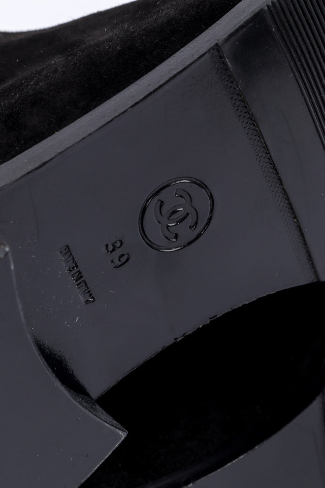 Vintage Chanel Chainlink and Suede Riding Boots signature logo and size closeup @recessla