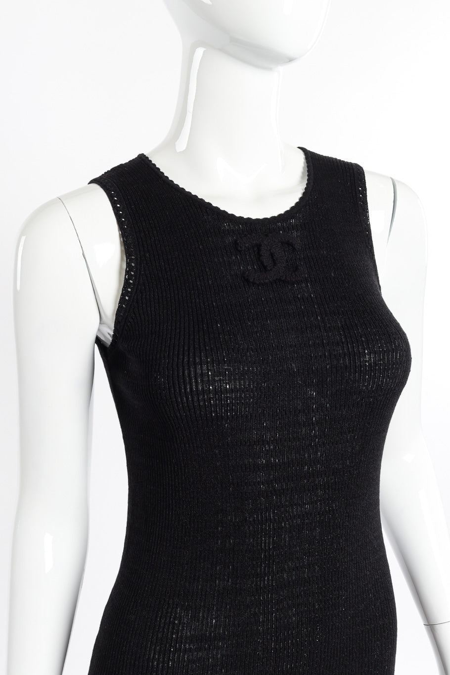 Chanel Logo Knit Tank Top front view on mannequin closeup @Recessla