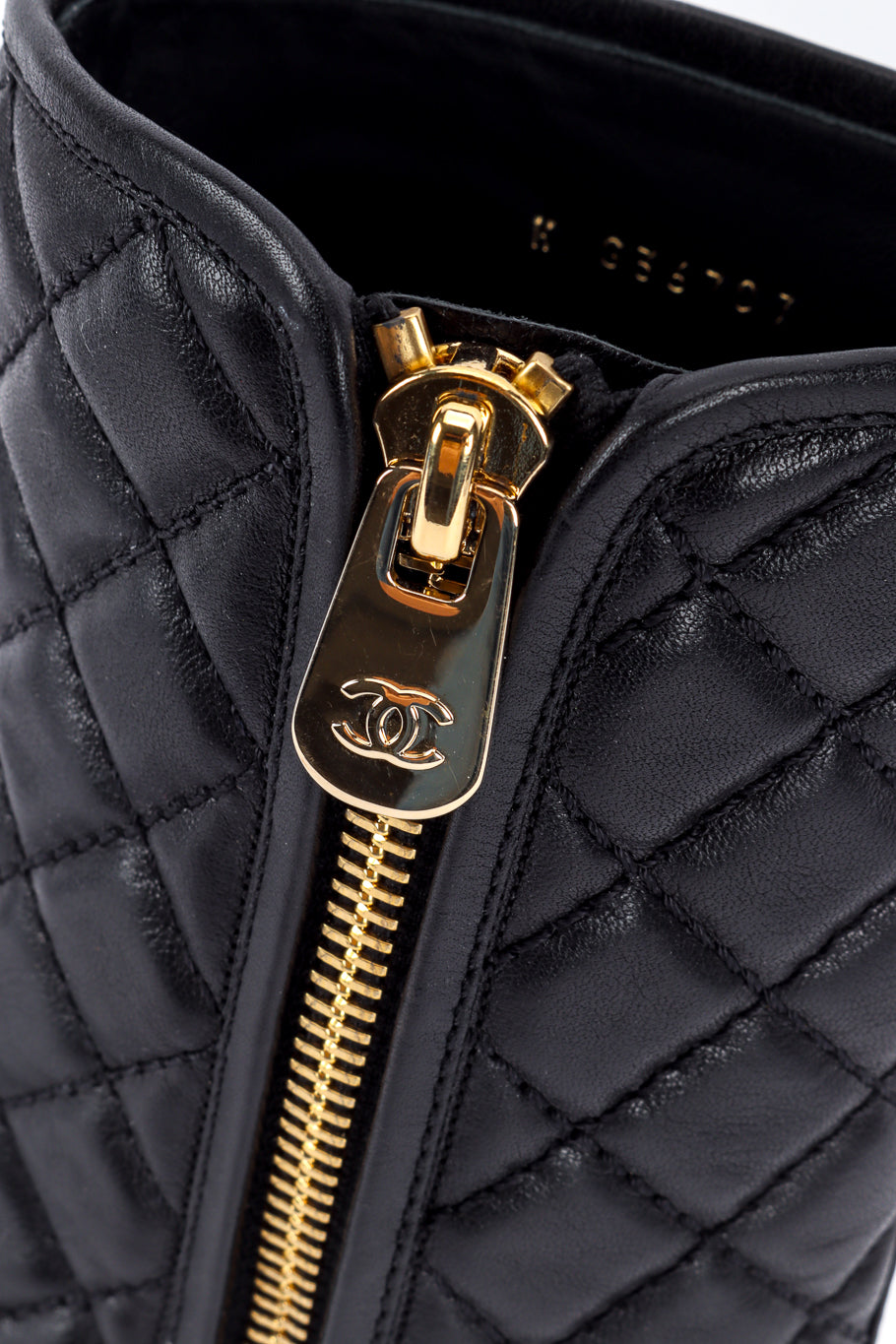 Chanel CC Quilted Mid-Calf Boots zipper pull tab closeup @recess la