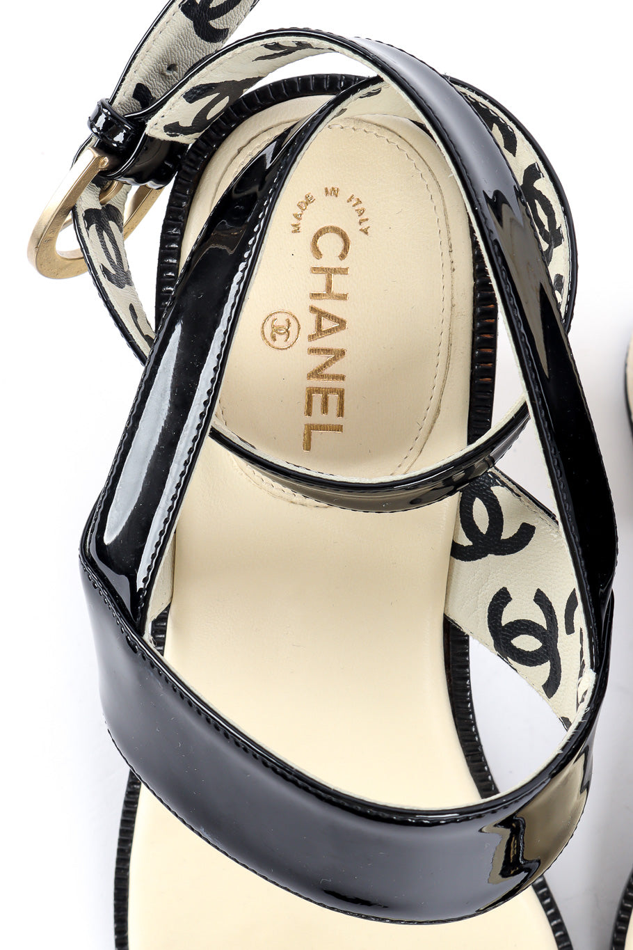 Chanel patent leather wrap sandal designer monogram insole @recessla