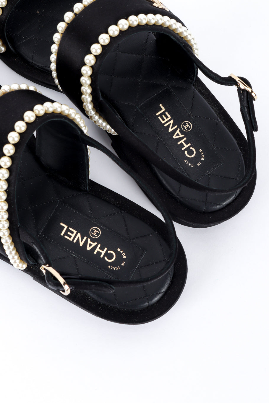 Chanel CC Satin & Pearl Sandals signed sole @recess la
