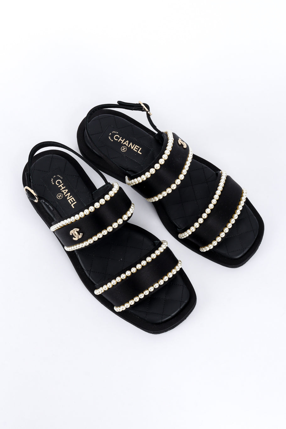 Chanel CC Satin & Pearl Sandals top view @recess la