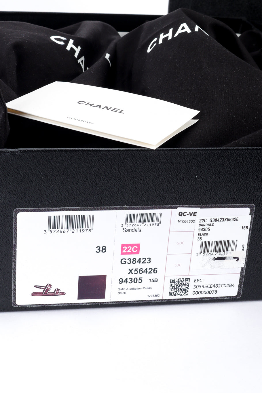 Chanel CC Satin & Pearl Sandals box details closeup @recess la