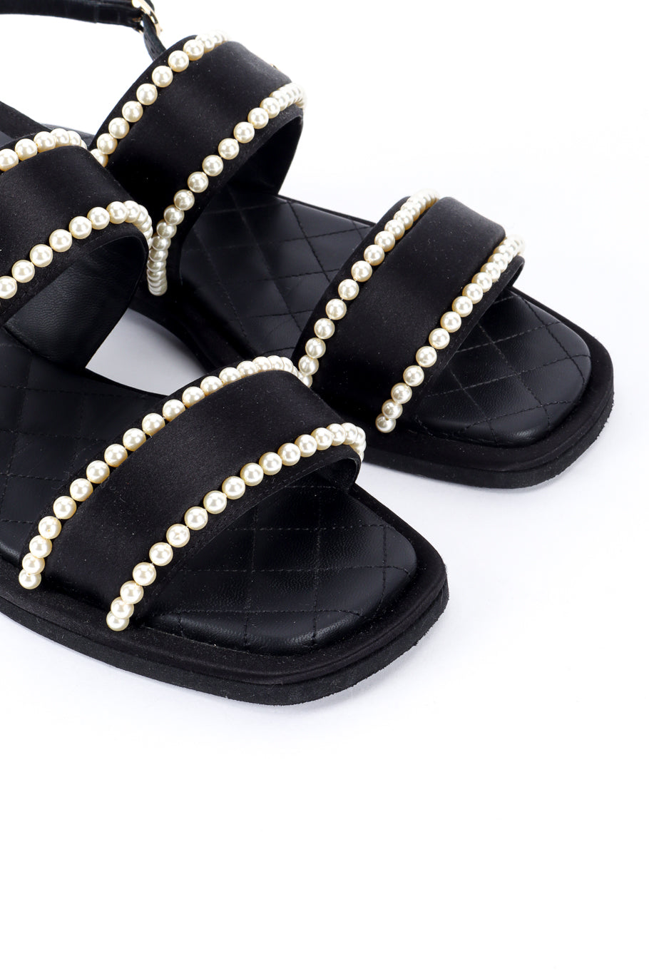 Chanel CC Satin & Pearl Sandals toe closeup @recess la
