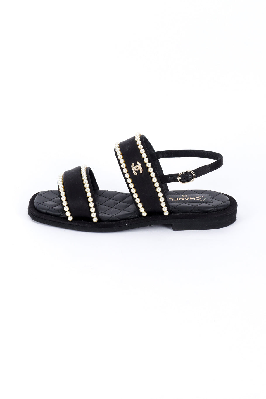 Chanel CC Satin & Pearl Sandals left shoe outer side @recess la