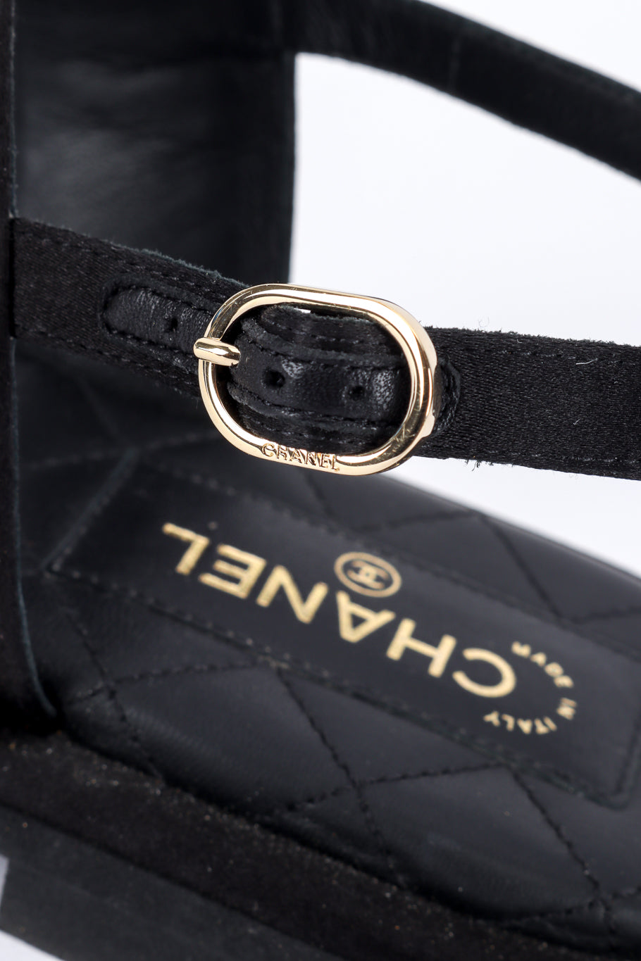 Chanel CC Satin & Pearl Sandals strap buckle closeup @recess la