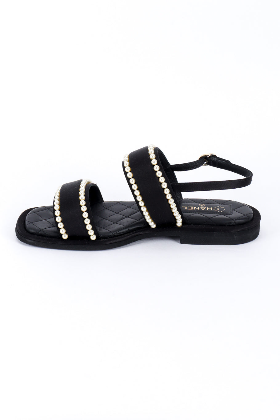 Chanel CC Satin & Pearl Sandals right shoe inner side @recess la
